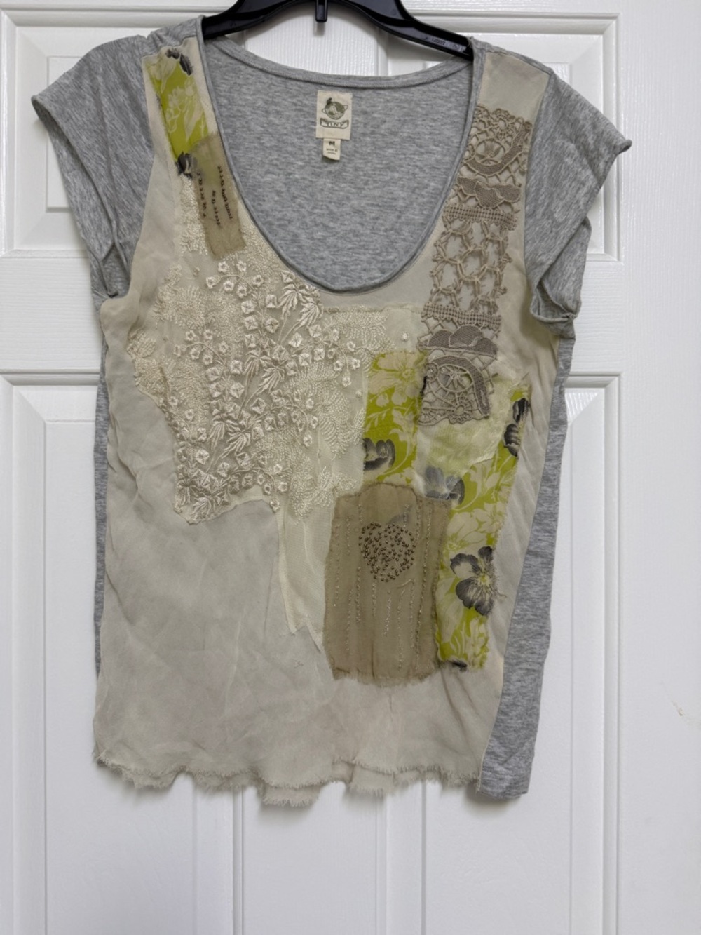 Vintage-Inspired Mixed-Media Layered Gray and Cream Women's Top